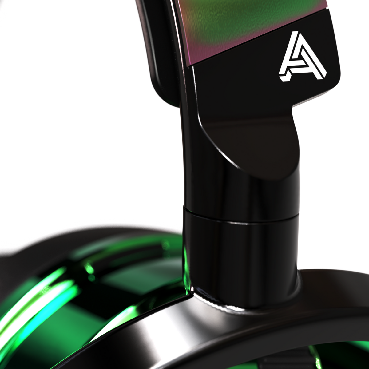 Black gaming headset with neon green accents and a sleek modern design, featuring a bold logo and adjustable microphone.