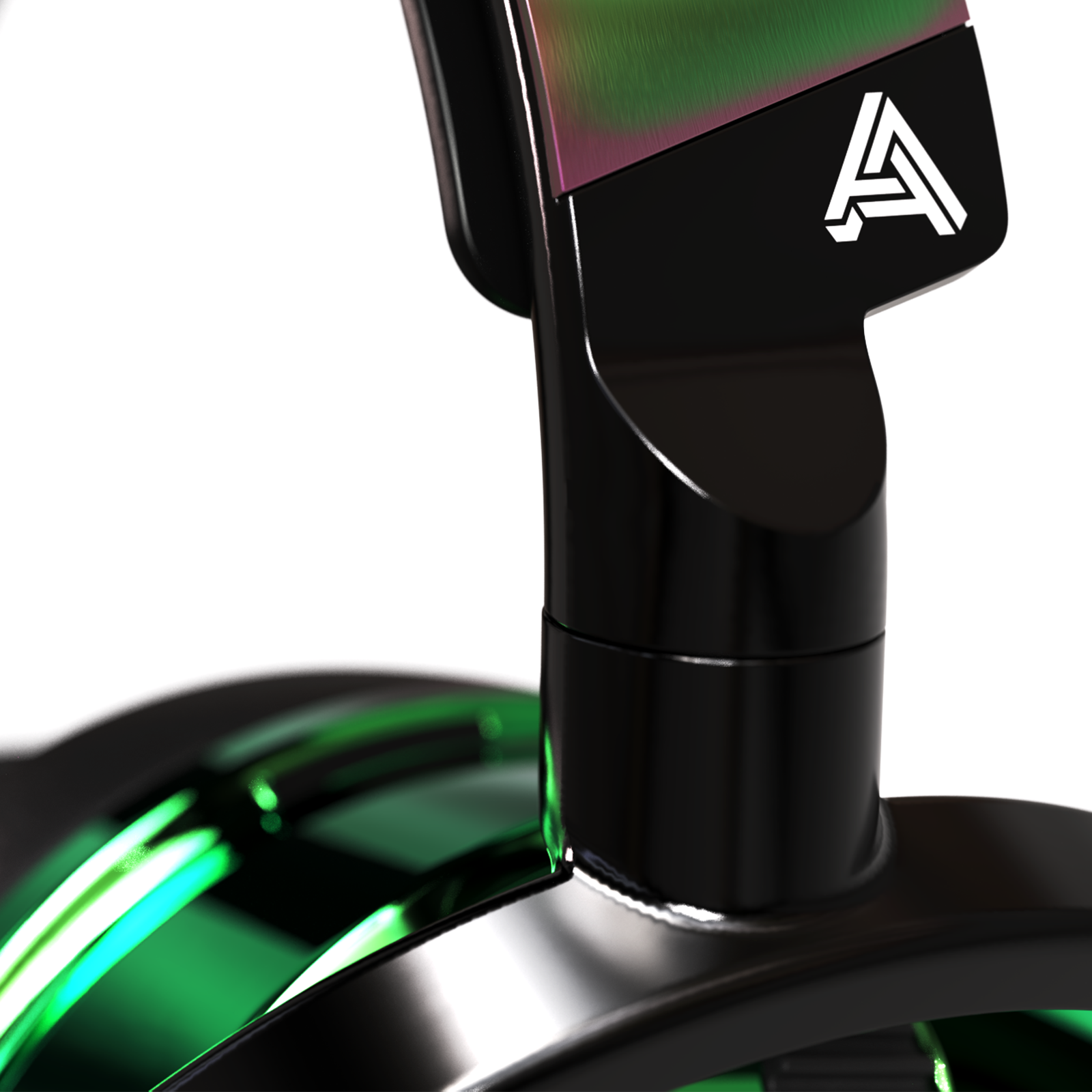 Black gaming headset with neon green accents and a sleek modern design, featuring a bold logo and adjustable microphone.