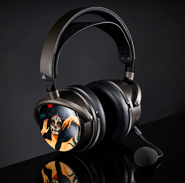 Black gaming headset with a vibrant sugar skull design, featuring a metallic finish and flexible microphone.