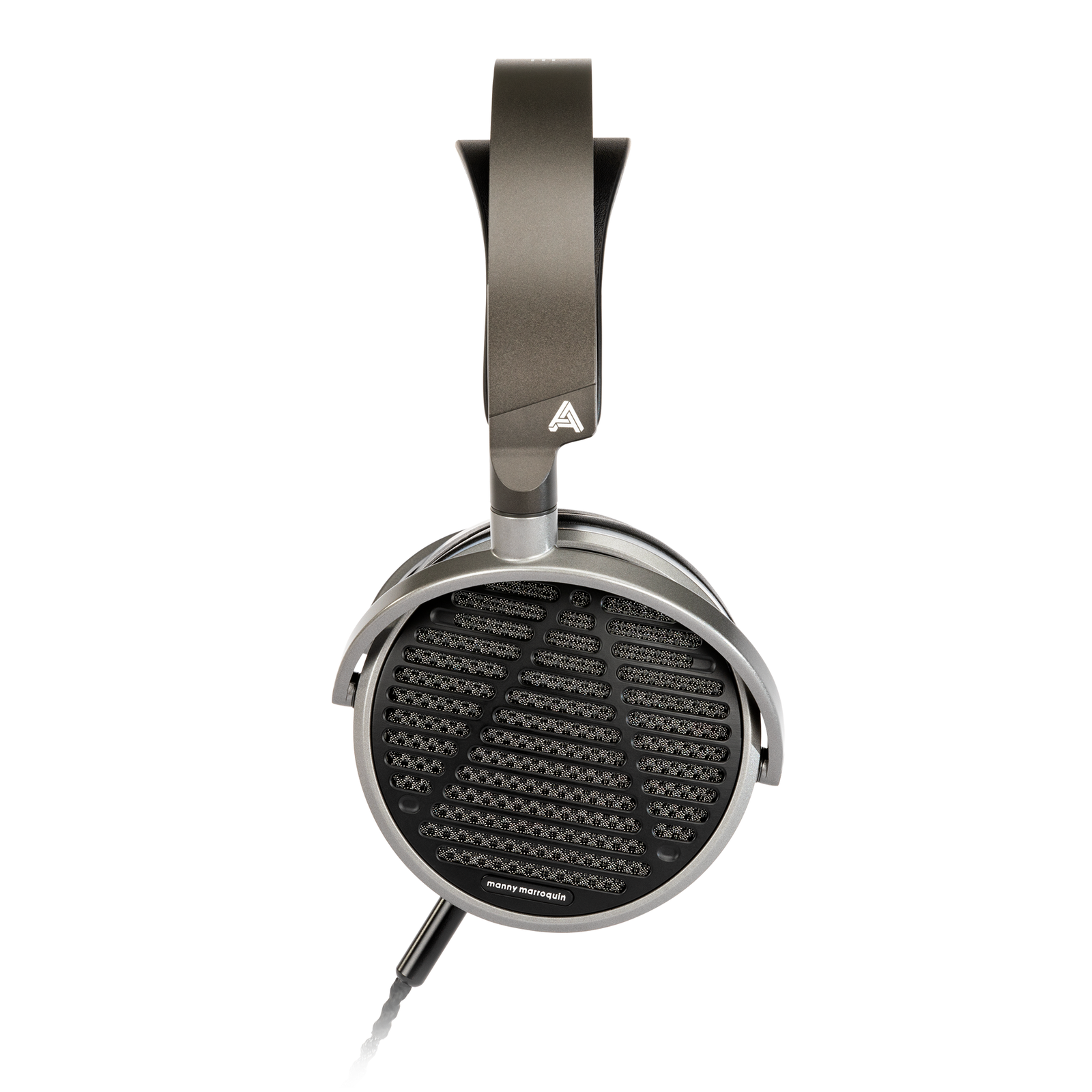 Sleek silver and black open-back headphones with a padded headband for superior comfort and sound clarity.